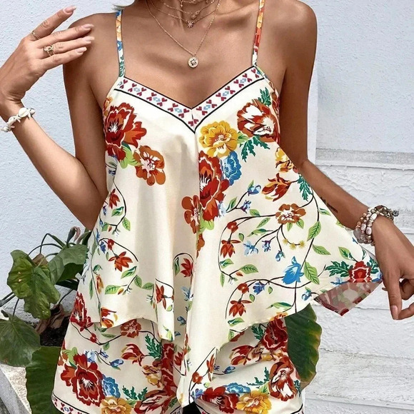 Multicolor Boho Womens Floral Print Cami Top & Shorts - Picture 1 of 5
